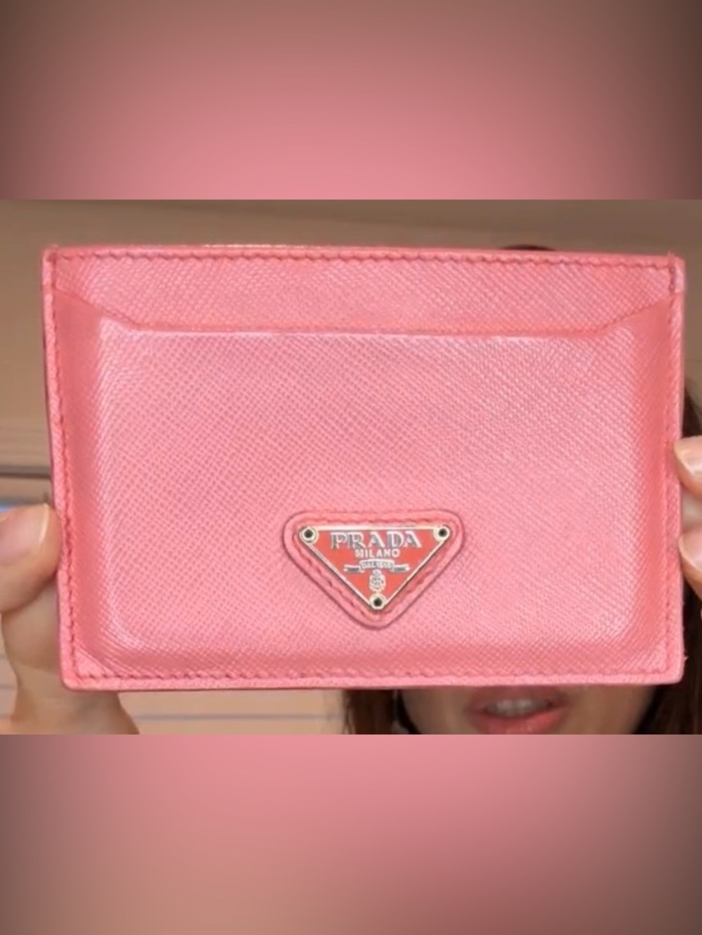 Prada Pink Saffiano Leather cardholder with iconic Triangle Logo
